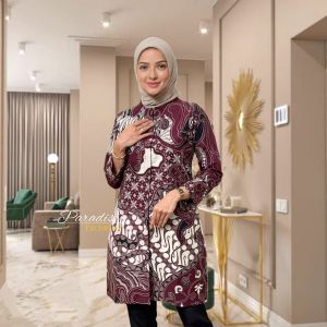 Batik Tunik Wanita Premium Lapis Trikot Warna Burgundy Grey Maroon Navy Atasan Tunik Batik Kerja Wanita Modern Bahan Katun.