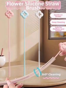 Flower Silicon Long-handled Straws Brush Cleaning