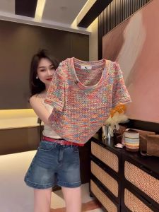 WANGGONGZHU | Princess Style Ice Silk Hollow Knitted Top Women Summer New Fashion Short Sleeve Colorful Flower Thread Regular Fit Round Neck