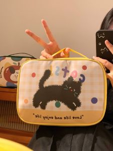 Large Capacity Portable Travel Cosmetic Bag Womens New Style Cartoon Wash Makeup Bag Leather Handbag with 5 Compartments