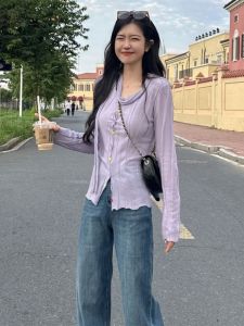 BINKAFENNY | French Purple Hollow Out Knitted Cardigan Womens Autumn New Style Slim Design Sash Long Sleeve Top Fashionable Commute Style