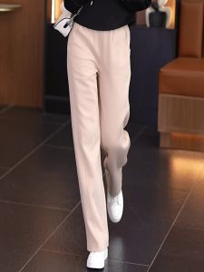 กางเกงขายาวทรงตรงเอวสูงสไตล์ลำลองสำหรับผู้หญิง กางเกงขายาวทรงยาวทรงตรงทรงหลวมสบายๆ ฤดูใบไม้ผลิและฤดูใบไม้ร่วง