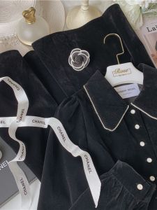 Sunday Seoul Audrey Miss Vintage Turn-down Pearl Button Elegant Waist-cinching Velvet Dress Long Sleeve Spring Autumn Winter