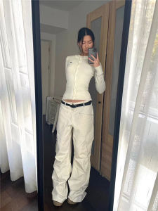 Street Style Low Waist Cargo Pants Women Loose Long Folded Hem Trousers Slimming High Waist Extra Length Dragging Pants
