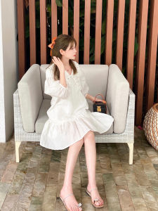Sweet  French Style Doll Dress Womens Loose Bubble Sleeve High Waist Diamond Embellished A-Line Skirt Summer Dress
