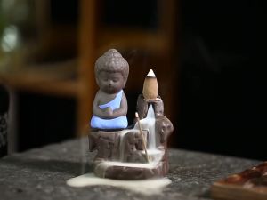 Backflow Incense Burner Ceramic Waterfall Incense Holder Little Buddha Insence Cone Holder