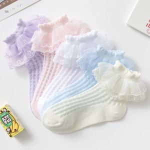5 Đôi/Lô Tất Ren Mỏng Cho Bé Gái Cotton Công Chúa Mùa Hè Tất Trắng 1-15 Tuổi Đan Màu Trơn Giày Trẻ Em