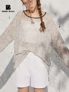 เสื้อยืดแขนยาวสไตล์ย้อนยุคสไตล์อเมริกัน Bobbybecky สำหรับผู้หญิง หลวมๆ ลำลอง เสื้อตัวบนอเนกประสงค์ ผ้าโพลีเอสเตอร์ผสมโพลีเอสเตอร์