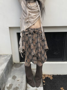 Ang: Project Retro Asymmetrical Plaid Skirt Womens American Elastic Waist High Waist with Straps Gingham Skirt