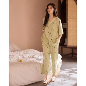 Cushioned Pad Summer Thin Cotton Short Sleeve 7/8 Pants Lace Elegance Mature Style Home Wear