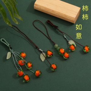已开光 招财 事事如意琉璃柿子手机链挂绳钥匙扣柿叶有成钥匙挂件饰品礼物 "May All Your Wishes Come True: Glass Persimmon Mobile Phone Chain Lanyard Key Chain Persimmon Leaf Key Pendant Accessory Gift.