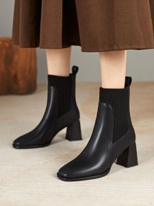 Elastic Slimming Womens Boots 2025 Autumn Winter New Fashion Square Head Short Boots Thick Heel Elegance Fashion Martin Boots
