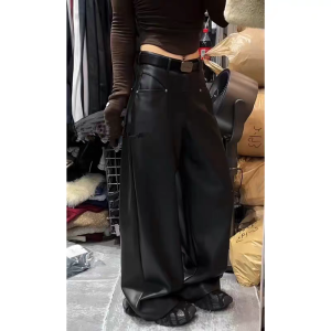 High Waist Wide Leg Pants Womens PU Leather Protein Leather Casual Drapey Straight Leg Trousers Floor-Length Pants
