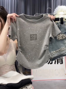 Slim Fit round Neck Short Sleeve T-Shirt Womens Waist Cinching Diamond Heat Transfer Summer Fashion Casual Comfortable Top