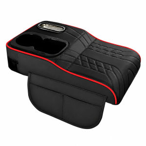 Car Armrest Cushion Center Console Organizer Cover with Leather-Style Quilted Cup Holder Tissue Slot and Side Pocket
