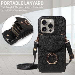 High Quality Ring Stand Lychee Pattern Phone Case for IPhone16promax15 14 13 Crossbody with Lanyard PU Leather Anti-fall Cover