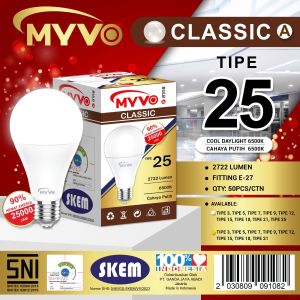 MYVO CLASSIC BOHLAM LAMPU LED BULB CAHAYA PUTIH 3W 5W 7W 9W 11.7W 12W 14.5W 15W 17W 18W 20W 21W 23W 25 WATT SNI BERGARANSI 1 TAHUN BOHLAM BOLAM HEMAT ENERGI EKONOMIS KUALITAS PREMIUM