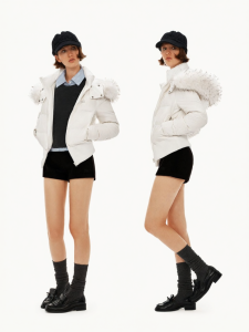 High Density 90 White Duck Down Removable Fur Collar Hooded Short Waist Accentuated Womens Down Jacket