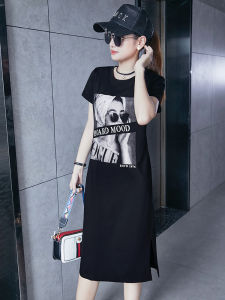Casual Summer Long T-Shirt Dress Womens New Style 2025 Short Sleeve High-End Print Straight Knee-Length Cotton Blend Dress