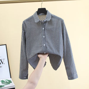 เสื้อเชิ้ตผู้หญิงแขนยาวลายสก็อตทรงหลวมสไตล์เกาหลีฤดูใบไม้ผลิและฤดูใบไม้ร่วง เสื้อชั้นในคอตุ๊กตา ทรงเข้ารูป เสื้อเชิ้ตผู้หญิง