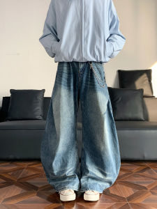 Washed American High Street Mens Jeans Wide Leg Straight Cut Trousers Casual Loose Fit Denim Pants Autumn Wear for Teens And Youth