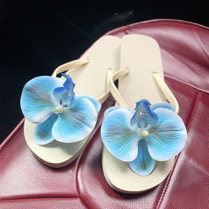 Summer New Butterfly Orchid Flower Flat Bottom Sandals Beach Shoes Womens Holiday Casual Slip-On Shoes Comfortable Flats