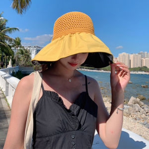 หมวกกันแดดชายหาดทรงกลมแบบสวมหัวสำหรับผู้หญิง หมวกกันแดดปี 2025 ฤดูร้อน หมวกกันแดดป้องกันรังสียูวีสำหรับเดินทาง หมวกกันแดดแบบสวมหัว