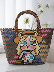 Retro Striped Dog Sausage Handwoven Basket Style Commuter Lunch Box Tote Bag Soft Handle American Vintage PVC Material