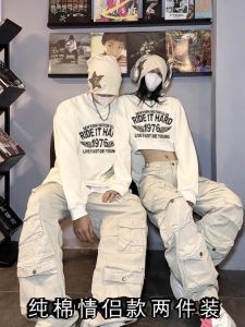 Couples round Neck Sweatshirts Cotton Spring Autumn Long Short Two-Piece Set Comfortable Breathable Street Style Womens Fashion