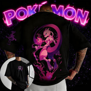 Bandai | 2025 Summer Poksammon Animation Brand 100%Cotton Mewtwo Printed T-shirt for Men and Children Harajuku Casual Short Sleeve Y2k
