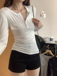 Slim Fit White Henry Collar Base Shirt Womens Spring New Design Pocket T-Shirt Korean Style Long Sleeve Polyester Fiber