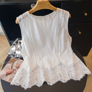 AIYITI | French Unique Lace Splicing Sleeveless Shirt Vest Women Summer Thin Cotton Linen Small Top Round Neck Regular Length Thin Style