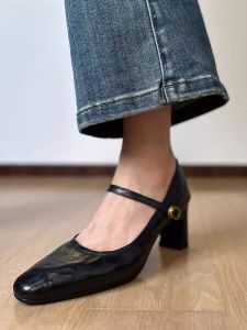 Elegant French Style High Heels Womens Chunky Strap Mary Jane Shoes Commute Black Square Head Single Shoes Fashionable Peep Toe