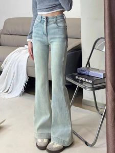 กางเกงยีนส์ทรงขาบานเอวสูงสไตล์ย้อนยุคสำหรับผู้หญิงไซส์ใหญ่ กางเกงขายาวทรงสลิมฟิต ทรงขาบาน ทรงลำลอง เอวยางยืด