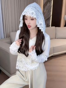 Idle Style Elegant Heavy Industry Crochet Hooded T-shirt Female Fall and Winter New Arrival Unique and Beautiful Fashion Lace Bottoming Top