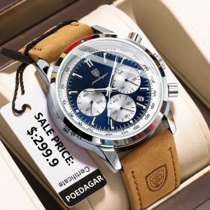 POEDAGAR Top Brand Luxury Watches For Men Casual Sports Waterproof Luminous Date Chronograph Men Watch Leather Strap Quartz Clock Business Fashion Wristwatches High Quality Mens Watches