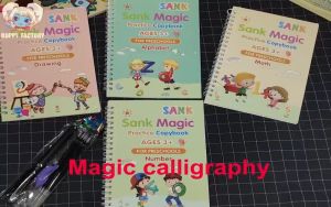 4 Books + 5 Pens Sank Magic Practice Copybook Free Wiping Children's Writing Sticker English Version