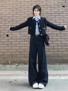 Quần Jeans Ống Rộng Cạp Cao Màu Xanh Đậm Cổ Điển 180 Cm Cho Nữ Quần Ống Rộng Ôm Dáng Dài Đến Sàn Quần Jeans Thường Ngày