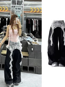 กางเกงขายาวทรงหลวมปักลูกไม้สไตล์ย้อนยุคสำหรับผู้หญิง ฤดูร้อน 2025 กางเกงขายาวทรงหลวมสำหรับใส่ทำงาน ดีไซน์ใหม่ เอวยางยืด