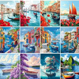 PhotoCustom Oil Painting By Numbers Paint Kit Picture Paint Sailboat Seascape Handmade On Canvas Gift For Adult Hand Painting Di