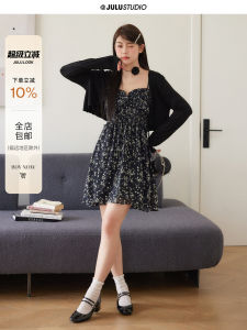 Váy Midi Ren Hoa Phong Cách Pháp Ngọt Ngào Cho Dáng Người Đầy Đặn Bằng Lụa Băng Áo Len Cardigan Hở Cổ Chữ V Váy Mùa Hè