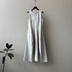 Yanshuang Big Flounce Sleeveless Dress Elegant Simple Vest Skirt Cotton High Waist A-Line Long Dress round Neck Pure Color