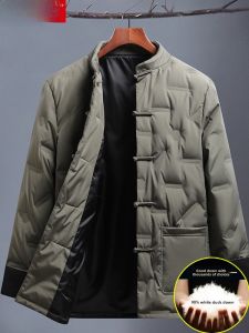 Chinese Style Mens down Jacket Hanfu Wind White Duck down Button Middle-aged Dad Winter Coat Warmth Isolation Thickened