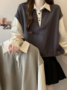 เสื้อเชิ้ตแขนยาวลายทางสั้นสไตล์เกาหลีสำหรับผู้หญิงในฤดูใบไม้ร่วง ทรงหลวม สไตล์ลำลอง เสื้อสเวตเตอร์ คอกลม