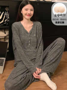 Womens One-Piece Cotton Sleepwear Long Sleeve Home Clothes Set with Chest Pad Spring Autumn New Gray Comfortable Nightgown