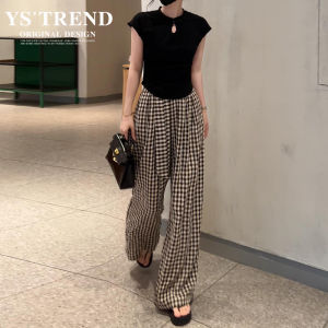 High Waist Wide Leg Plaid Pants Womens Summer Thin Straight Casual Floor-Length Trousers Loose Fit Korean Style Long Pants