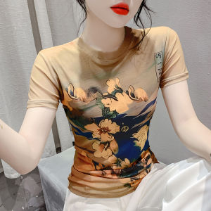 Rehin thời trang mới mùa hè cổ tròn ngắn tay in họa tiết lưới hoa nhuộm cà vạt áo nữ thanh lịch dáng ôm