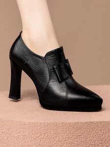 Black Deep Mouth Thick Heel Single Shoes Womens Pointed Toe Versatile Thick Bottom Genuine Leather Waterproof Platform High Heels Comfortable Shoes