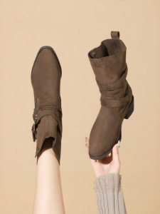 Josiny | Brown Coarse Heel Mid-calf Pointed Bootie