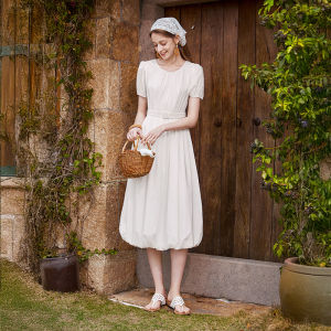 XIANGYING | Bud Style Waist-cinching Short Sleeve Cotton Mid-length Dress New Style